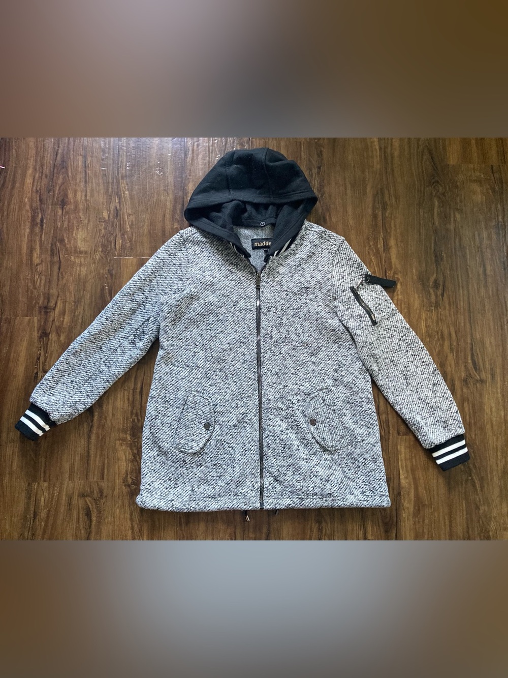 Madden Heathered Gray Hooded Bomber Jacket with Fleece Interior Men’s Size XL